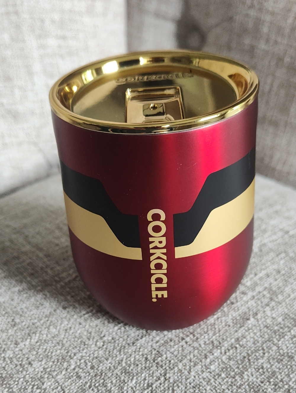 Marvel 12 Oz Corkcicle Metallic Red Stemless Tumbler with Gold Trim